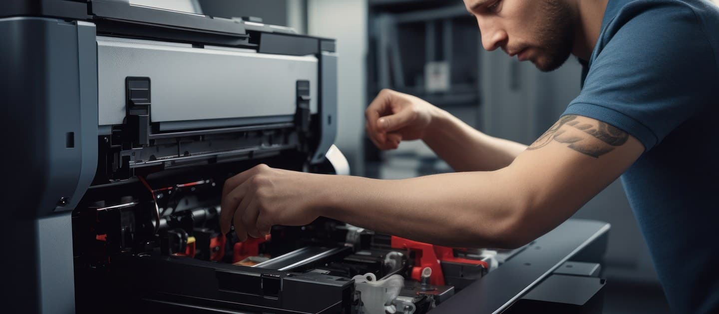 Tehnician care intervine asupra unui echipament de printare