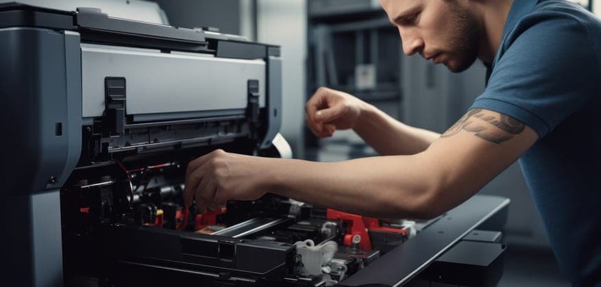 Tehnician care configurează un echipament de printare